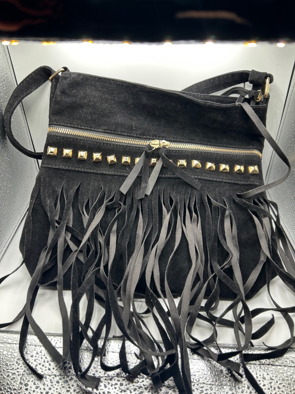 Black Suede Fringe Crossbody with Gold Stud Accents